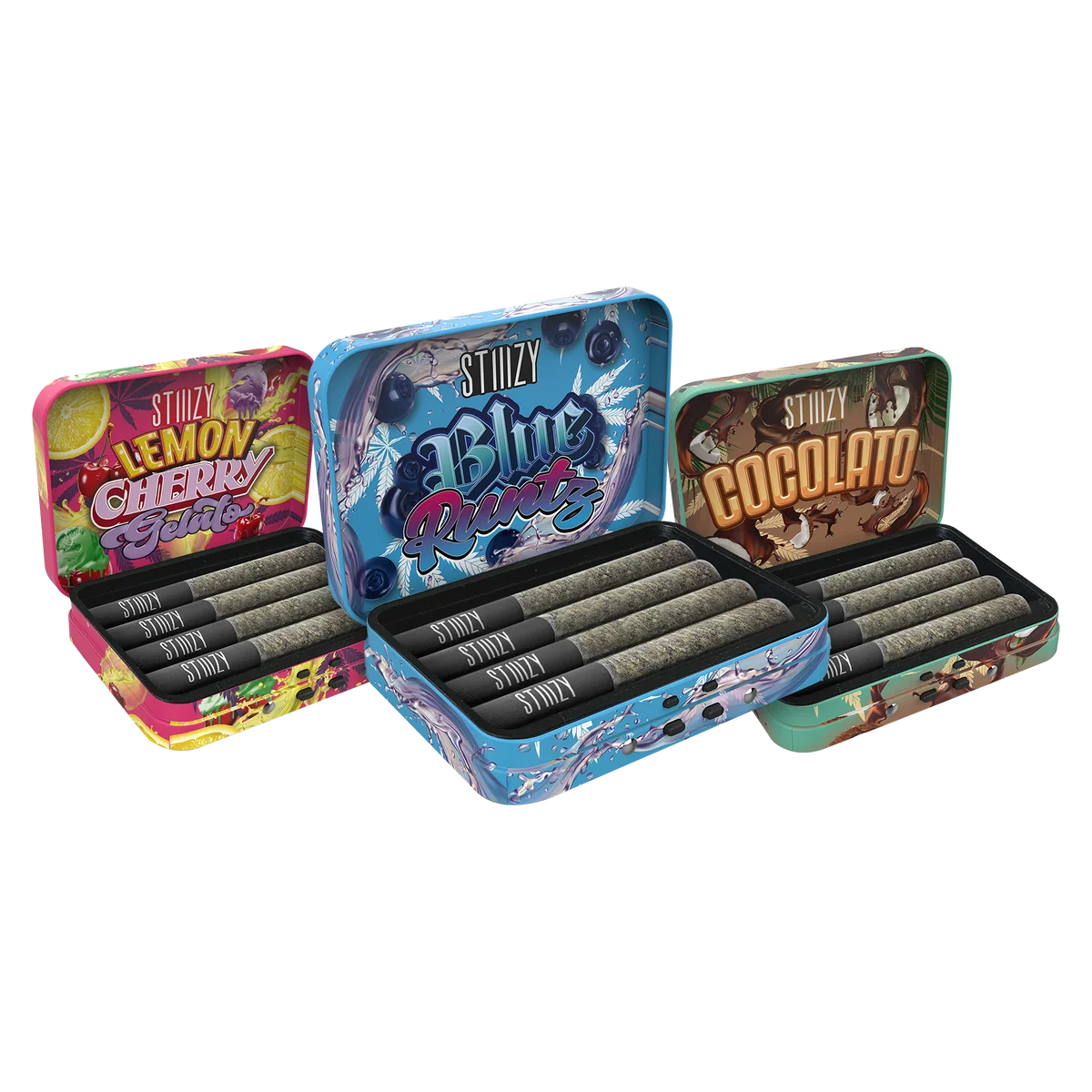 Lemon Cherry Gelato Blue Runtz and Cocolato open preroll tins